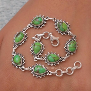 Green Copper Turquoise Bracelet / 925 Sterling Silver Bracelet / Gemstone Bracelet / Adjustable Bracelet / Handmade Bracelet / Women Jewelry