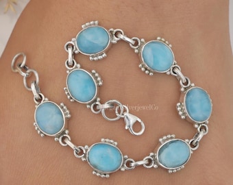 Pulsera de larimar dominicano / Pulsera de plata de ley 925 / Pulsera de piedras preciosas ovaladas / Joyería bohemia hecha a mano / Regalo de aniversario para esposa