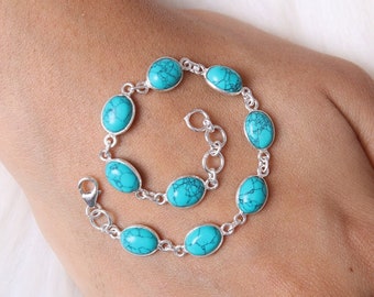 Natural Turquoise Bracelet / 925 Sterling Silver Bracelet / Oval Gemstone Bracelet / Handmade Silver Jewelry / Gift For Her