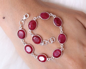 Pulsera de rubí cortado / Pulsera de plata de ley 925 / Pulsera de piedra de nacimiento de julio / Joyería de piedras preciosas / Regalo para ella