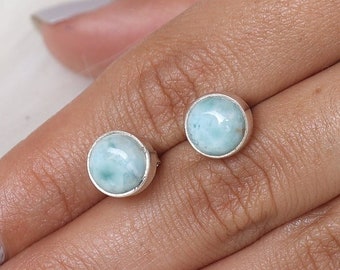 Larimar Ohrstecker / 925 Sterling Silber Ohrringe / Runde Edelstein Ohrstecker / Handgemachter Silber Schmuck / Geburtstagsgeschenk für Sie