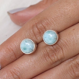 Larimar Stud Earrings / 925 Sterling Silver Earrings / Round Gemstone Studs / Handmade Silver Jewelry / Birthday Gift for Her