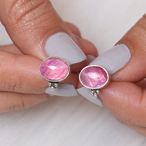 Pink Moonstone Stud Earrings / 925 Sterling Silver Earrings / June Birthstone Studs / Oval Gemstone Earrings / Handmade Silver Jewelry