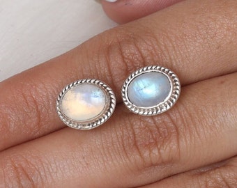 Rainbow Moonstone Stud Earrings / 925 Sterling Silver Earrings / June Birthstone Studs / Oval Moonstone Jewelry / Gemstone Stud Earrings