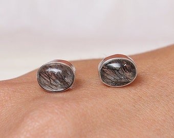 Black Rutile Quartz Stud Earrings / 925 Sterling Silver Earrings / Oval Stud Earrings / Handmade Gemstone Jewelry / Rutile Quartz Studs