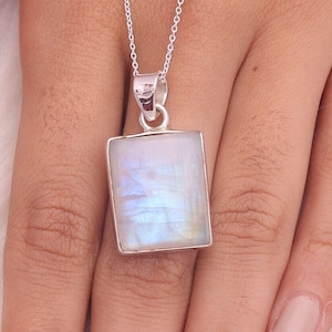 Regenbogen Mondstein Anhänger / 925 Sterling Silber Anhänger / Quadratischer Anhänger / Edelstein Halskette / Frauen Silber Schmuck / Vintage Anhänger