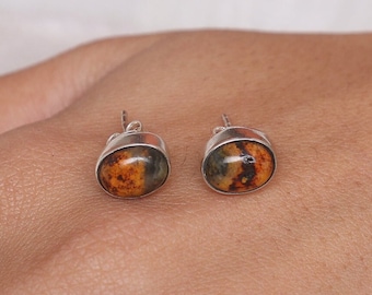 Bumblebee Jasper Stud Earrings / 925 Sterling Silver Earrings / Oval Gemstone Stud / Handmade Jasper Jewelry / Stud Earrings
