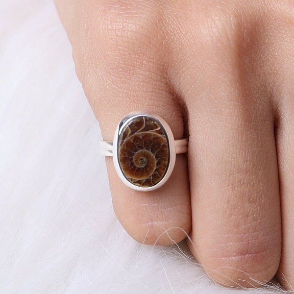 Ammonite Ring / 925 Sterling Silver Ring /  Fossil Gemstone Ring / Bohemian Jewelry / Oval Shape Ring / Boho Ring / Birthday Gift for Sister