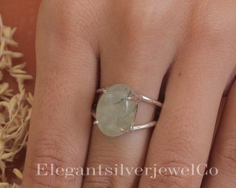 Bague en préhnite / Bague en argent sterling 925 / Bague en cristal / Bague en argent pour femme / Bijoux cabochon en pierres précieuses / Cadeau d'anniversaire