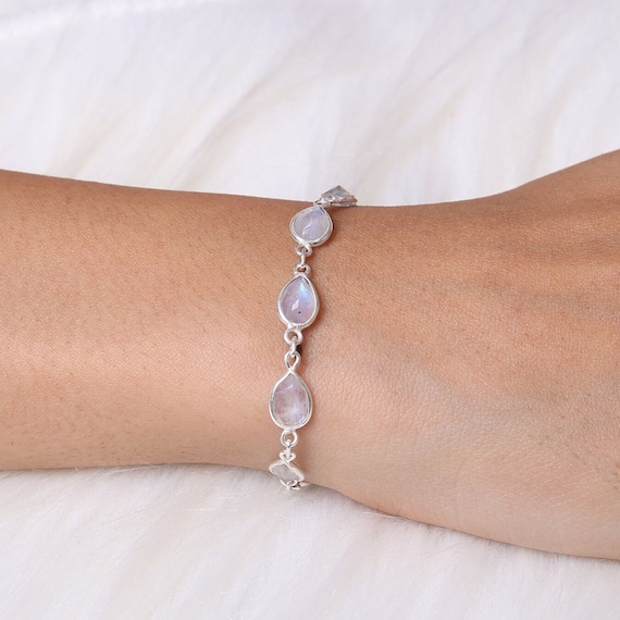 Bracelet Argent Sterling 925 Avec Pierre De Lune Arc-en-ciel - Neuf Sans Emballage, Fait Main, Réglable