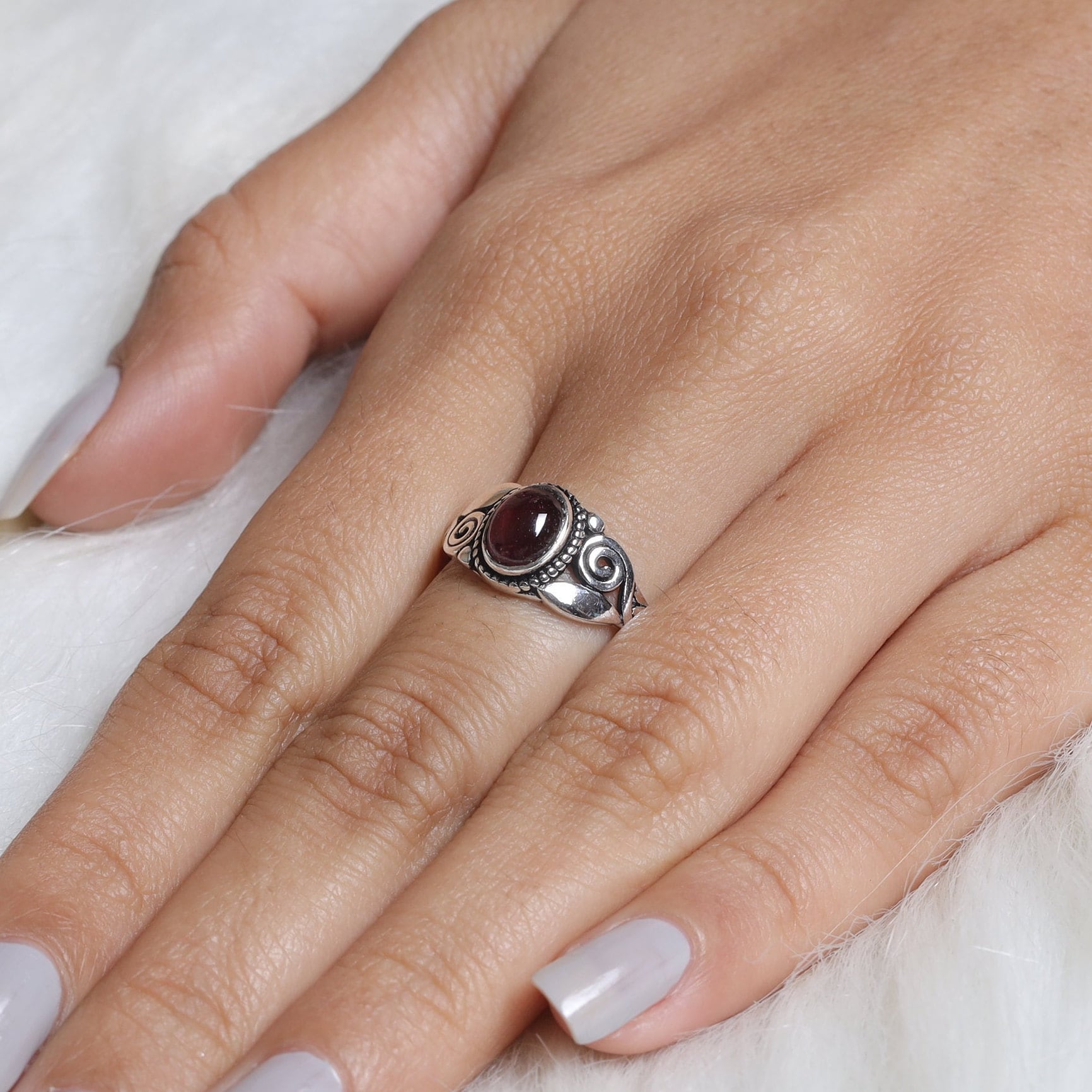 Koral Jewelry Garnet Oval Ring - 925 Sterling Silver Vintage Boho Style (US Sizes 6-9)