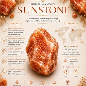 May include: An informational graphic about sunstone featuring a large, raw, orange-red crystal in the center. The text includes 'STONE OF JOY & VITALITY', 'SUNSTONE', 'BENEFITS', 'ORIGIN', 'NORWAY', 'JUNE', 'LEO', 'LIBRA', and details on natural quality and sourcing.
