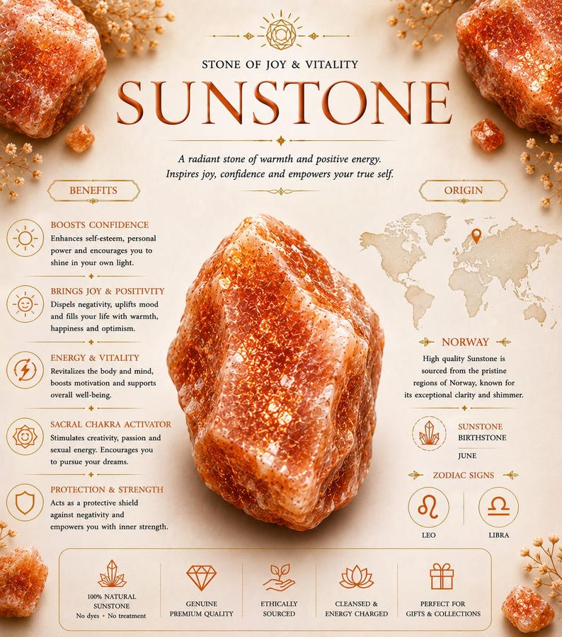 May include: An informational graphic about sunstone featuring a large, raw, orange-red crystal in the center. The text includes 'STONE OF JOY & VITALITY', 'SUNSTONE', 'BENEFITS', 'ORIGIN', 'NORWAY', 'JUNE', 'LEO', 'LIBRA', and details on natural quality and sourcing.