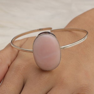 Pink Opal Cuff Bracelet / 925 Sterling Silver Bracelet / October Birthstone / Oval Gemstone Cuff Bracelet / Handmade Bracelet / Gift for Her