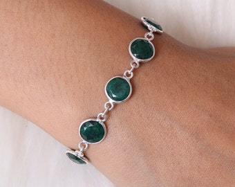 Emerald Bracelet / 925 Sterling Silver Bracelet / Round Gemstone Bracelet / May Birthstone Jewelry / Anniversary Gift for Her