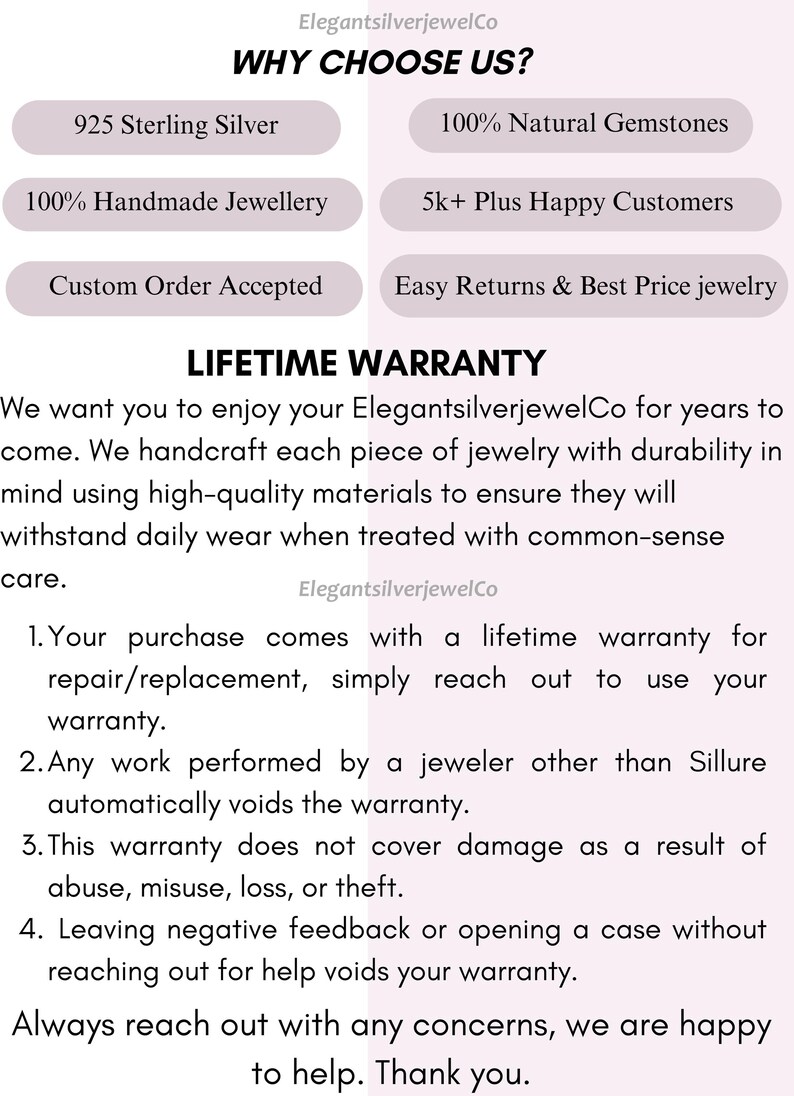 May include: An informational graphic for ElegantsilverjewelCo titled WHY CHOOSE US? listing features like 925 Sterling Silver, 100% Natural Gemstones, 100% Handmade Jewellery, 5k+ Plus Happy Customers, Custom Order Accepted, and Easy Returns & Best Price jewelry.