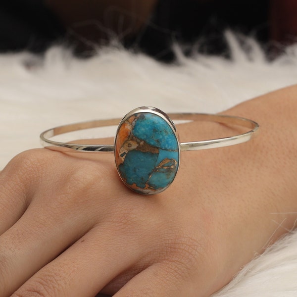 Oyster Turquoise Cuff Bracelet / 925 Sterling Silver Cuff / December Birthstone Cuff Bracelet / Handmade Silver Jewelry / Anniversary Gift