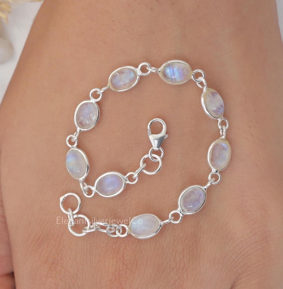 Bracelet arc-en-ciel de pierres de lune / Bracelet en argent sterling 925 / Bracelet ovale de pierres précieuses / Bracelet bohème fait main / Bijoux