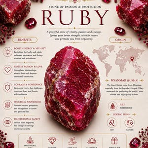 May include: An educational infographic about ruby gemstones featuring a large, raw, deep red ruby crystal in the center. The text includes 'STONE OF PASSION & PROTECTION', 'RUBY', and details on benefits, origin in Myanmar, birthstone month, and zodiac signs.