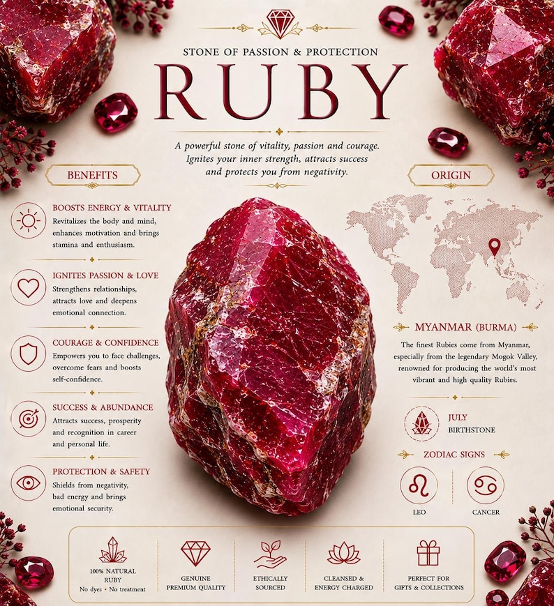 May include: An educational infographic about ruby gemstones featuring a large, raw, deep red ruby crystal in the center. The text includes 'STONE OF PASSION & PROTECTION', 'RUBY', and details on benefits, origin in Myanmar, birthstone month, and zodiac signs.