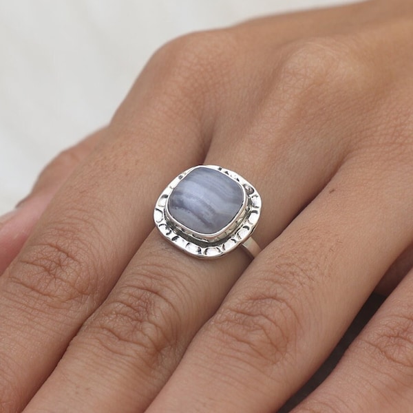 Blue Lace Agate Ring / 925 Sterling Silver Ring / Elegant Ring / Handmade Silver Jewelry / Women Ring / Vintage Ring / Halloween Gift