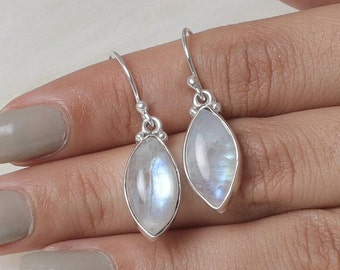 Rainbow Moonstone Earrings / 925 Sterling Silver Earrings / Marquise Shape Earrings / Handmade Jewelry / Dangle Drop Earrings / Gift For Her