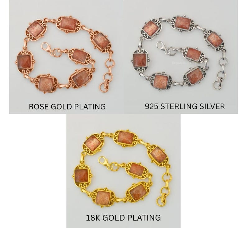 May include: Three bracelets featuring rectangular sunstone cabochons set in ornate metal frames. The top left is rose gold plating, the top right is 925 sterling silver, and the bottom is 18k gold plating. Each includes a lobster clasp and chain.