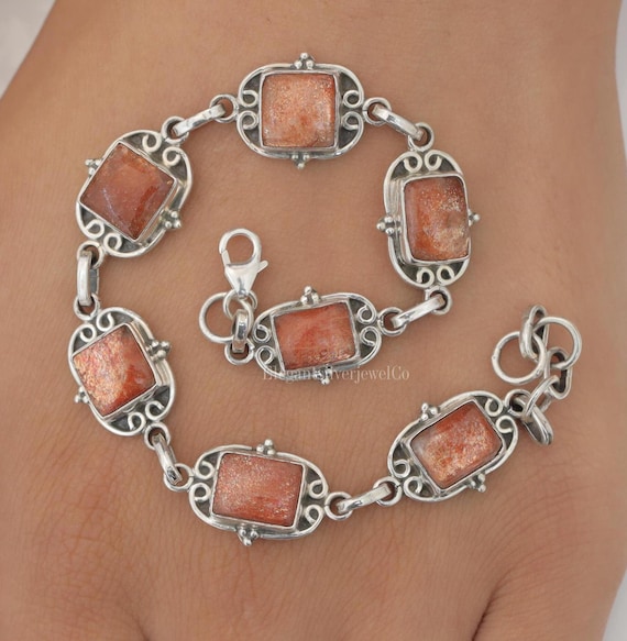 Sunstone Bracelet / 925 Sterling Silver Bracelet / Handmade Gemstone Bracelet / Boho Silver Jewellery / Statement Bracelet