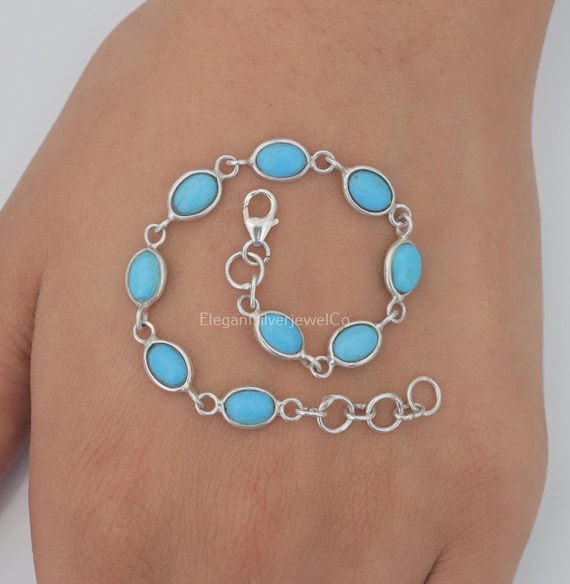 Bracelet En Argent Sterling 925 Avec Turquoise Fait Main - Pierre Précieuse Réglable - Artisanat Indien