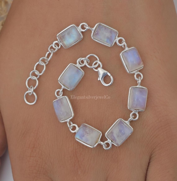 Bracelet Anniversaire En Argent 925 Avec Pierre De Lune Et Améthyste - Fait Main Réglable