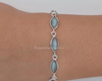 Labradorite Bracelet / 925 Solid Sterling Silver Bracelet / Natural Gemstone Bracelet / Adjustable Bracelet / Wedding Gift For Her