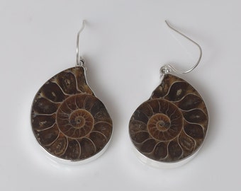 Ammonite Earrings / 925 Sterling Silver Earrings / Dangle Drop Earrings / Fossil Gemstone Jewelry / Boho Earrings / Anniversary Gift for Her