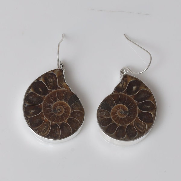 Ammonite Earrings / 925 Sterling Silver Earrings / Dangle Drop Earrings / Fossil Gemstone Jewelry / Boho Earrings / Anniversary Gift for Her