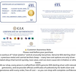 May include: A white informational document featuring two certificates of authenticity. The top section displays an STL certificate for 92.5% silver jewelry. The middle section shows a GIA certificate for natural gemstones. The bottom includes a customer awareness note.