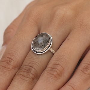 Black Rutile Quartz Ring / 925 Sterling Silver Ring / April Birthstone Ring / Oval Shaped Ring / Handmade Jewelry / Wadding Gift