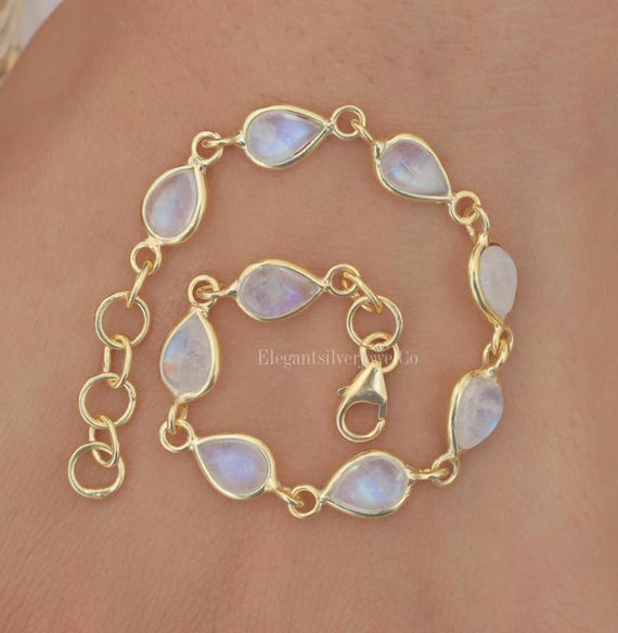 Gold Plated Sterling Silver Rainbow Moonstone Bead Anklet Gold Plated Sterling Silver Rainbow Moonstone Bead Anklet