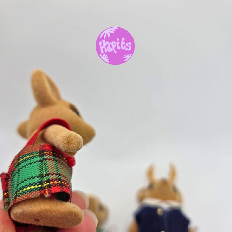 May include: A close-up of a tan rabbit figurine wearing a red and green plaid vest. The rabbit is one of several figurines in the image. A pink circle with the text "Hapiks" is in the upper right corner.