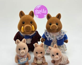 Sylvanian Families Truffle Wild Boar Family Complete Set with Original Clothes and Open Hands Vintage Calico Critters Collectors Items