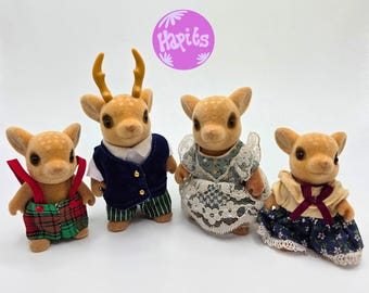 Sylvanian Families Vintage Moss Reindeer Family Calico Critters Collectors Item with Open Hands and Original Clothes in Preloved Condition