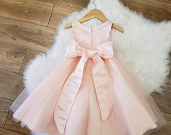 Satin rose poudré + robe de demoiselle d'honneur en tulle robes de demoiselle d'honneur pour bébé fille robe d'anniversaire pour petite fille