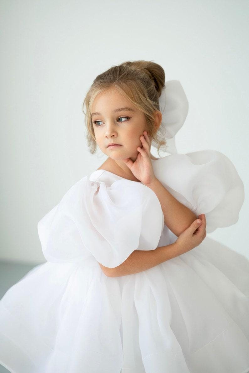 Elegant White Organza Puff Sleeve Flower Girl Dress