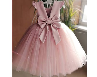 Blush Pink Satin+Tüll Blumenmädchenkleid mit Perlen Baby Mädchen Kleider Kleinkind Mädchen Geburtstagskleid Kleid Sommer Tutu Partykleid Custom