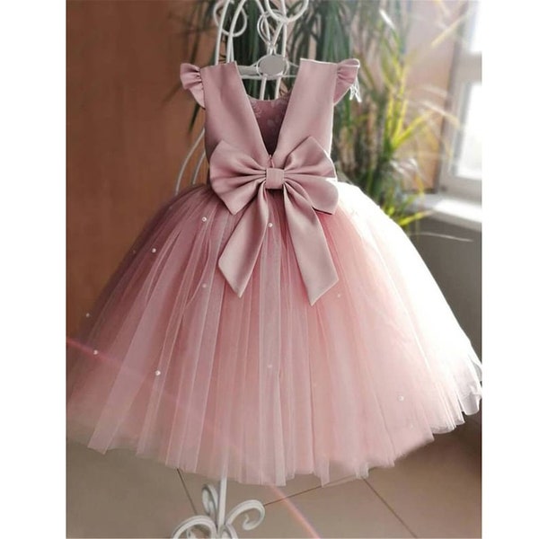 Blozen roze satijn + tule bloemenmeisje jurk met parels baby meisjes jurken peuter meisje verjaardag jurk jurk zomer Tutu feestjurk op maat
