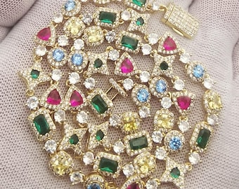Multi-color Gemstone Tennis Necklace/Bracelet:18K Gold/White Gold Plated/Bling Diamond Cut CZ