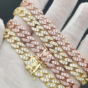 Naszyjnik z kamieni szlachetnych S-link Bling Bransoletka/Łańcuszek kubański z diamentami/Złoto 14K/Białe złoto/Wykończenie w różowym złocie/Męski damski naszyjnik z cyrkonii Iced Out/Pudełko na prezent