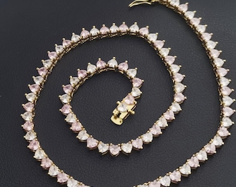 Pink Heart Tennis Necklace: 14K White Gold Finish, Cubic Zirconia