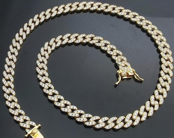 9mm S-link Gemstone Necklace/Bracelet/Anklet:Bling CZ Cuban Chain Choker,14K Gold/White Gold Plated