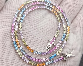 2mm Rainbow Tennis Choker:Multi-Colored,Bling CZ,Round Diamond Cut,14K Gold/White Gold Plated