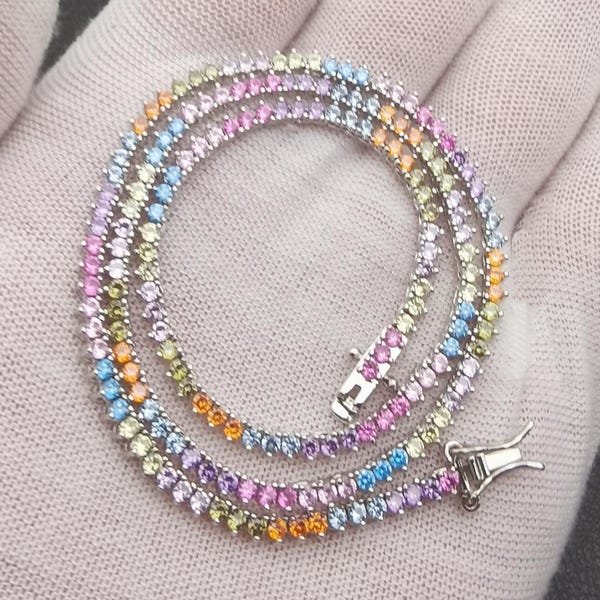 2mm Rainbow Tennis Choker:Multi-Colored,Bling CZ,Round Diamond Cut,14K Gold/White Gold Plated