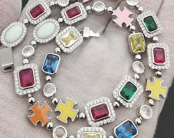 Multi-color CZ Tennis Necklace Bracelet:14K Gold/White Gold Plated,Round Baguette Diamond Cut,Mens Womens Bling Iced Out Chain Choker